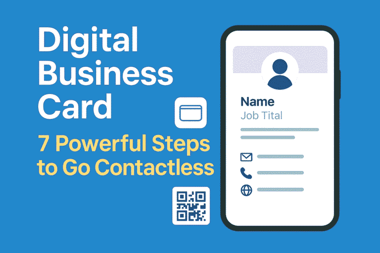 Digital business card illustration showing Apple Wallet icon, contact info, and QR code for contactless networking.