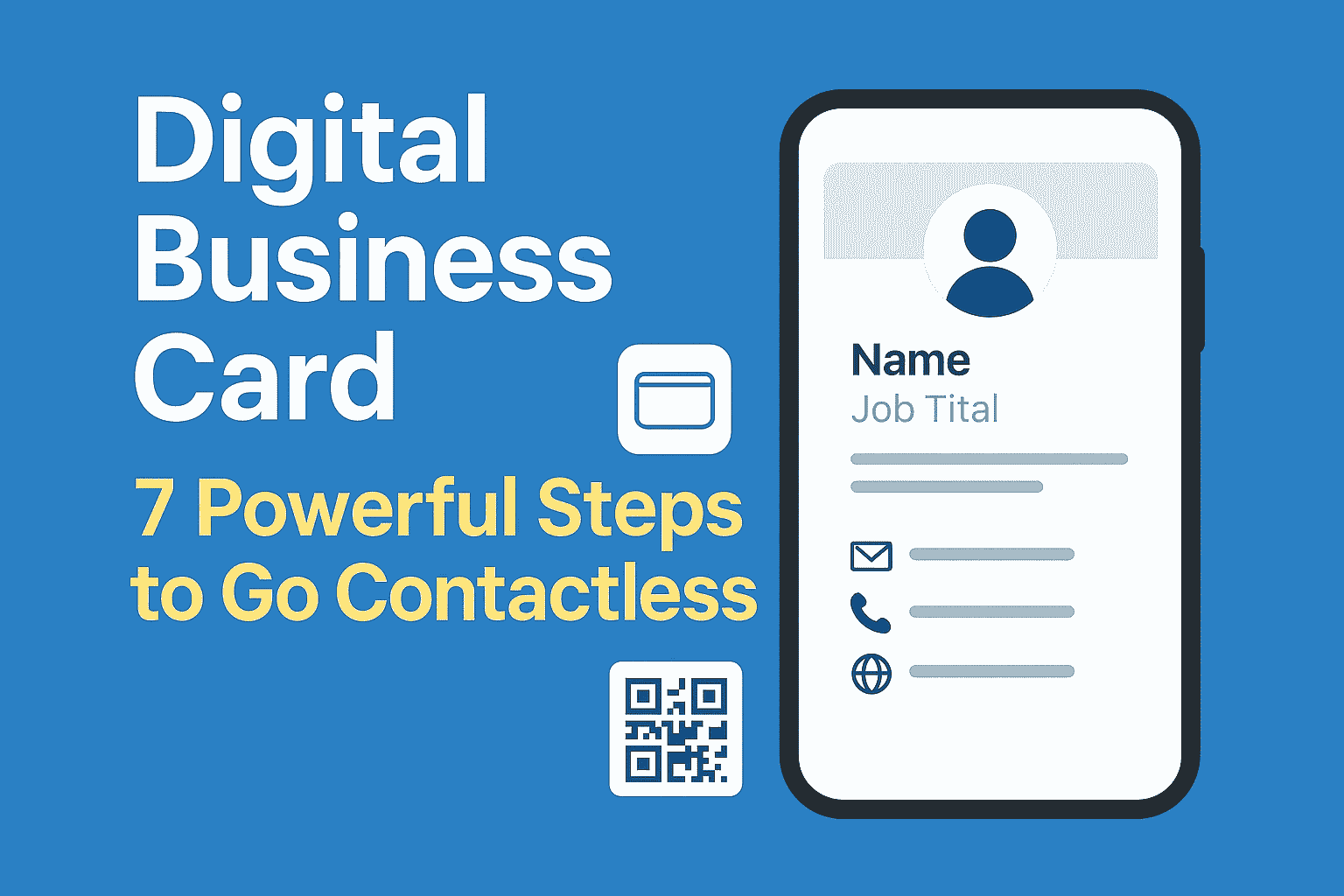 Digital business card illustration showing Apple Wallet icon, contact info, and QR code for contactless networking.