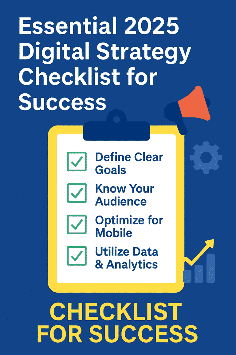 2025 digital strategy checklist with icons for AI, SEO, content marketing, social media, and data analytics—essential for business planning and digital marketing plan success.
