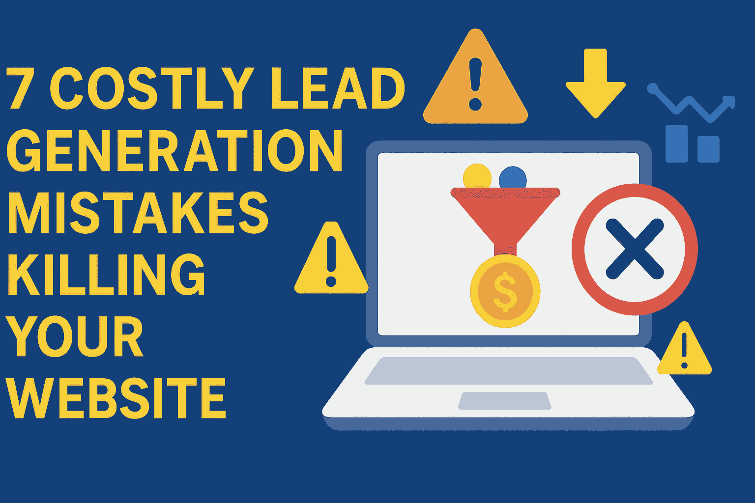 Lead generation mistakes illustration showing a failed sales funnel and warning symbols
